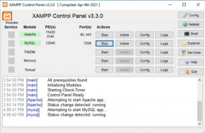 The XAMPP Control Panel, where the Apache and MySQL modules have been started